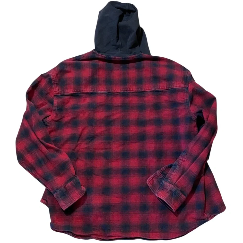 Red Buffalo Plaid Flannel Jacket Hooded Heavy Cotton L Camping Outdoor Grunge